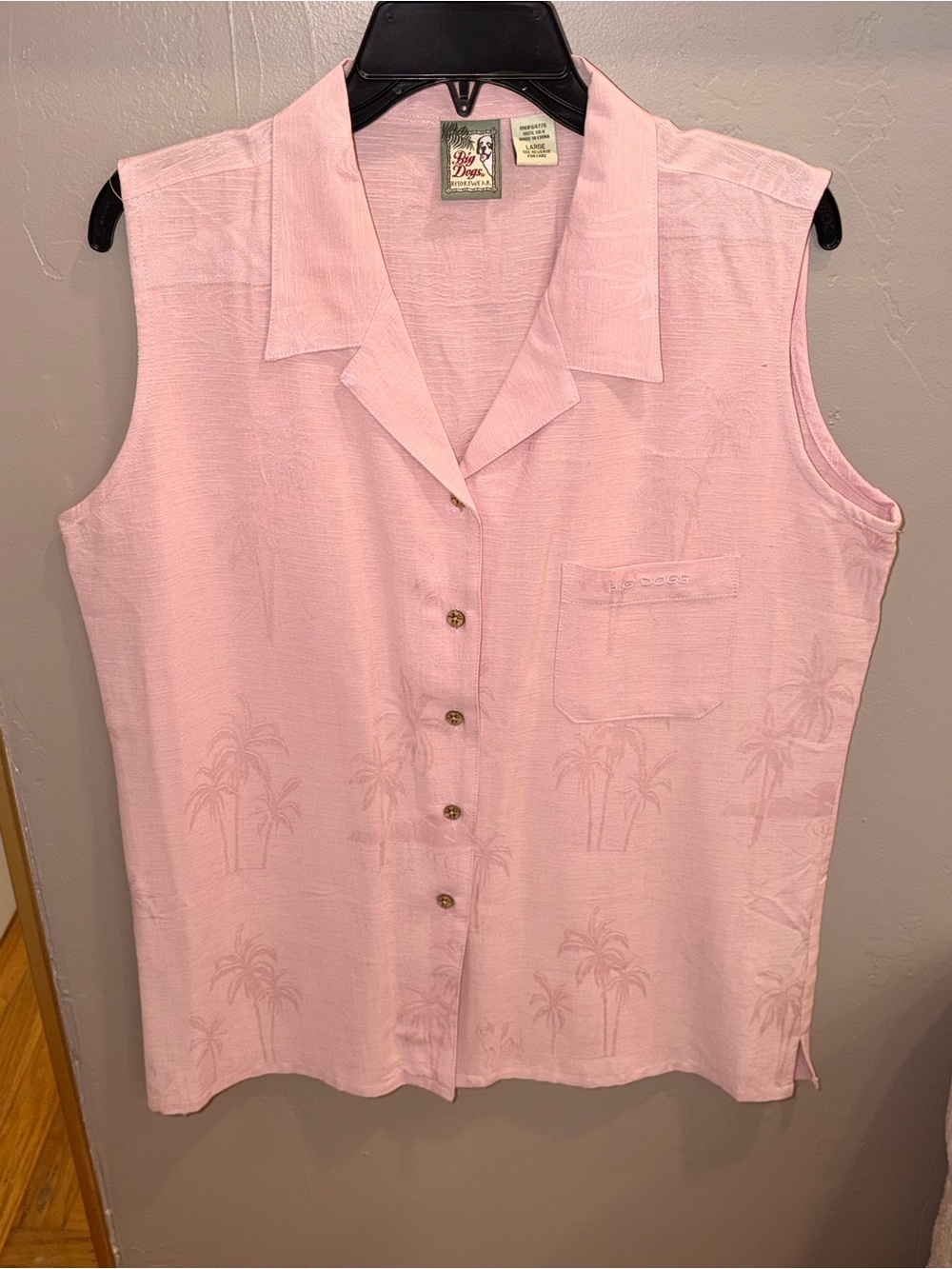 Big Dogs Resortwear 100% Silk Pink Palm Tree Sleeveless Blouse Size L #LS1